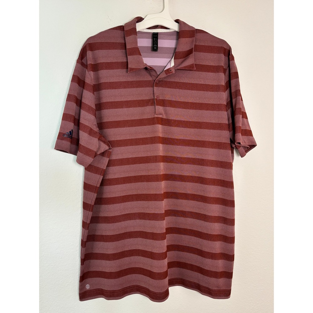 Adidas Mens 2XL Burgundy Striped Short Sleeve Golf Polo Shirt Athletic Top